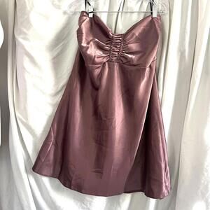 Pink Mauve Satin Strapless Mini Dress Ruched Bust Size 16 EUR 44 Prom y2k XL